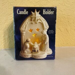 Porcelain Nativity Candle Holder with Gold Trim